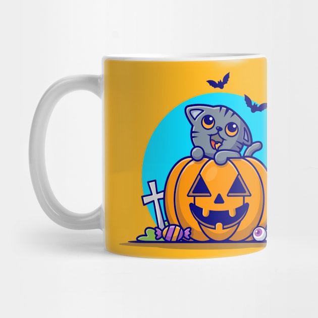 Cute Grey Cat With Pumpkin Halloween Cartoon Vector Icon Illustration by Catalyst Labs